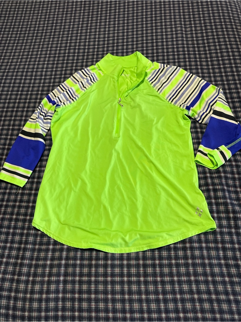Jofit Neon Green Long Sleeve Rash Guard with Blue-Striped Sleeves